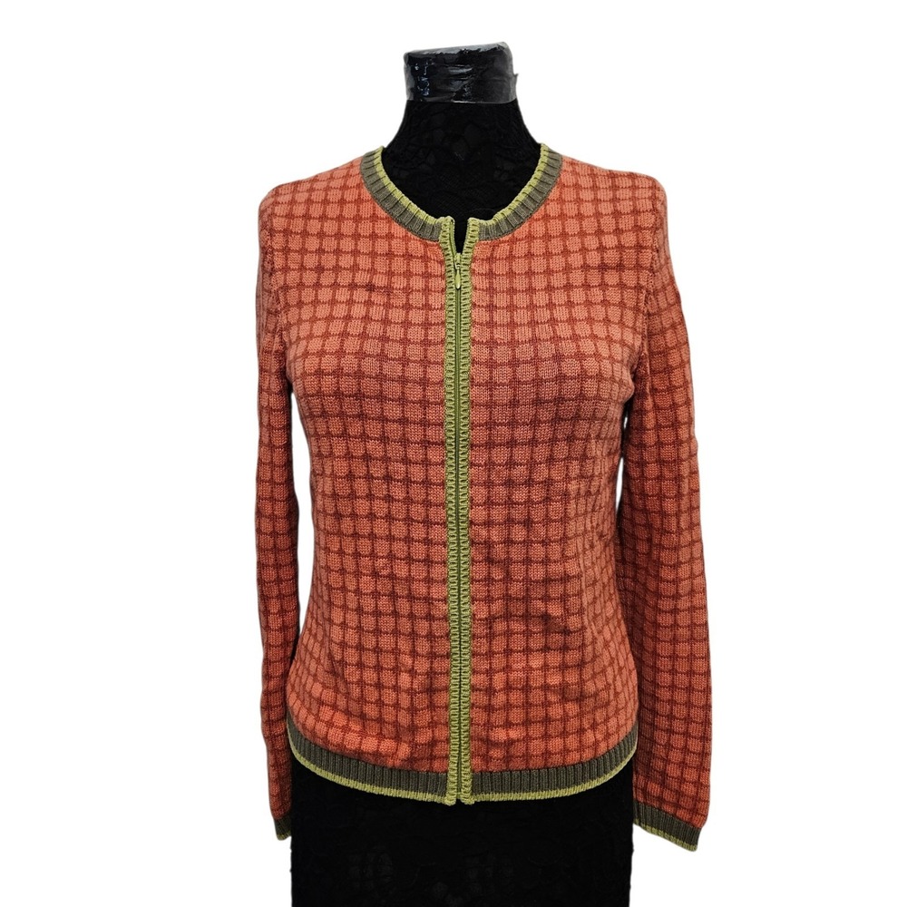 Vintage 90s Talbots Full Zip Orange Cardigan Sweater Elbow Patches Women's Small